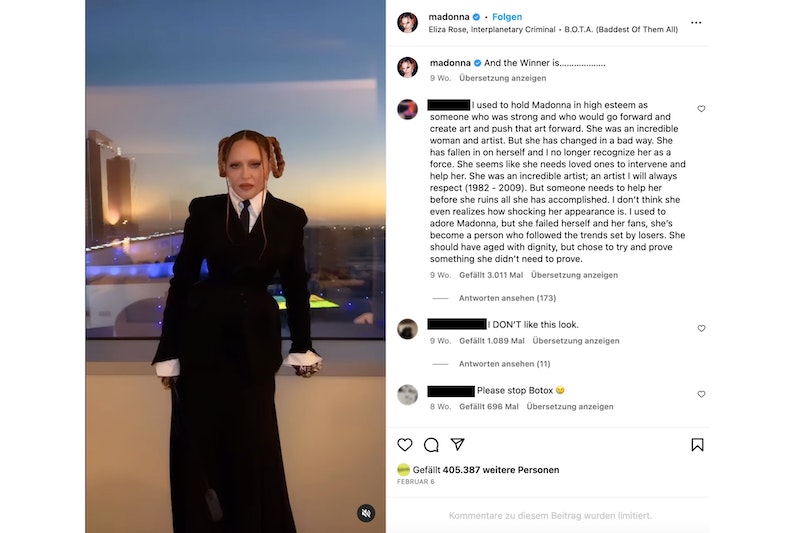 Screenshot vom Instagram-Profil von Madonna mit Ageism-Kommentaren